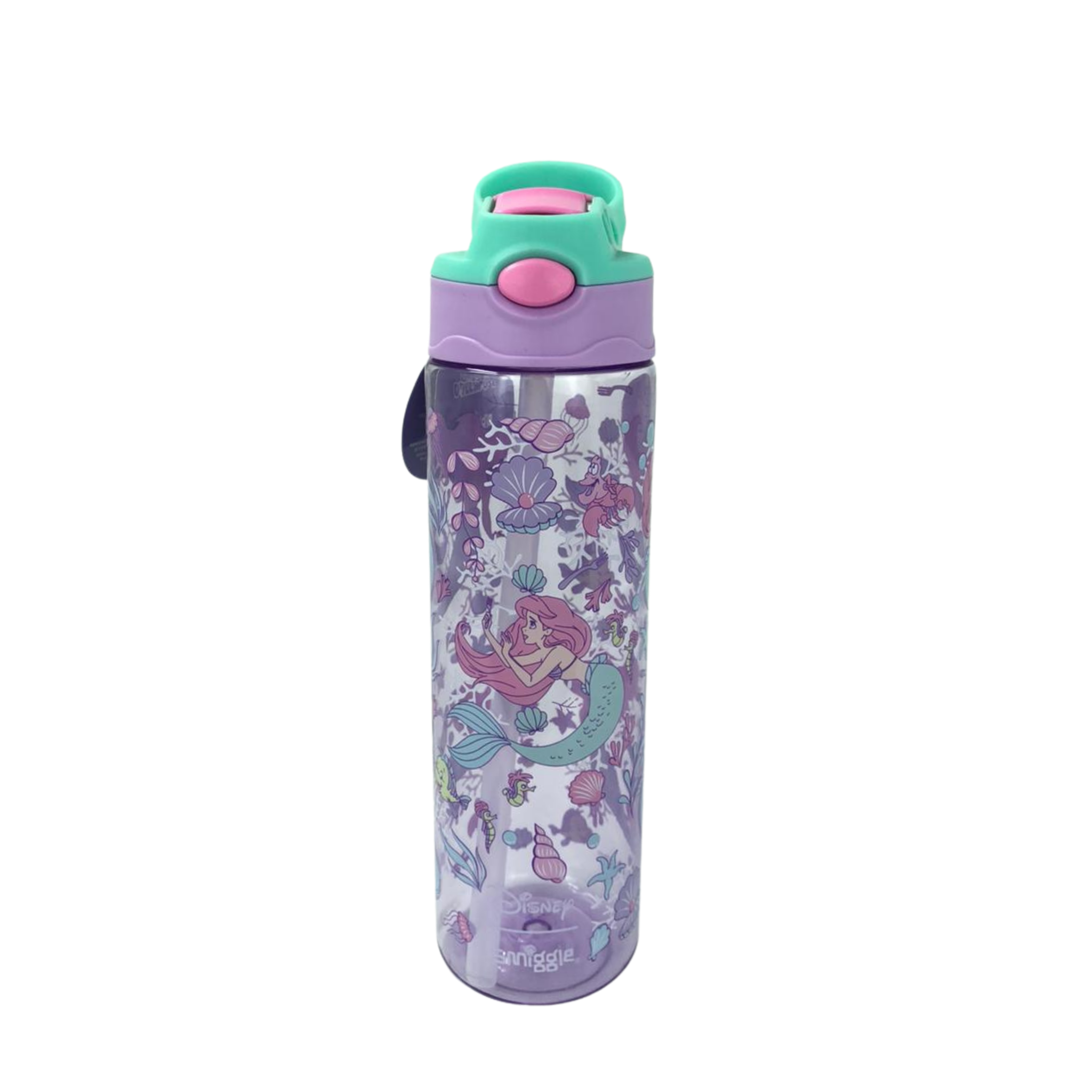 Junior water bottle with mint flip spout and purple cap; colorful character collage